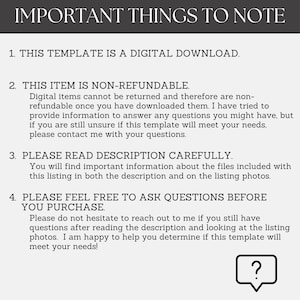 May include: A digital download template with important notes. Text includes: "THIS TEMPLATE IS A DIGITAL DOWNLOAD," "THIS ITEM IS NON-REFUNDABLE," and "PLEASE READ DESCRIPTION CAREFULLY." A speech bubble with a question mark is in the bottom right corner.