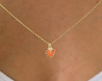 Sterling Silver Seashell Necklace: Orange Shell Pendant, Summer Jewelry