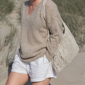 Handmade Alpaca Silk Sweater, V - Neck Wool Sweater, Hypoallergenic Wool Sweater Knit Woman, Soft Beige Hand Knitted Sweater, Loose Knit