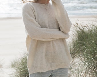 Off-White Alpaca Wool Sweater, Round Neck Oversized Pullover, Cream Summer Sweater, Minimalistic Silk Sweater, Sustainable Minimalist Knit
