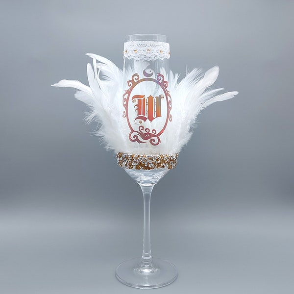 White Feather monogrammed custom champagne, cava flute for wedding, birthday, bridesmaid gift, quinceanera - Regal Devotion