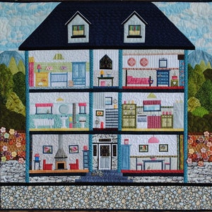 Digital pattern for creating quilted wall hanging &quot;Dollhouse&quot; using Paper piecing technique. Complete instructions and diagrams are supplied