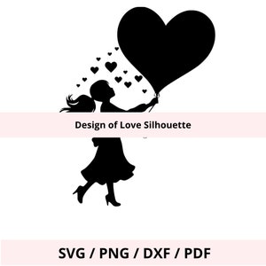 Fichier numérique jeune fille au ballon coeur, silhouette thème amour, fichiers vectoriels pour machine découpe