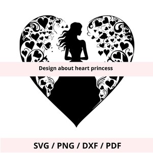 Fichier numérique princesse entourée de coeurs, silhouette thème amour, fichiers vectoriels pour machine découpe