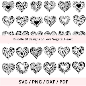 Bundle 30 fichiers numériques coeur végétal, silhouette coeur thème amour, fichiers vectoriels pour machine découpe