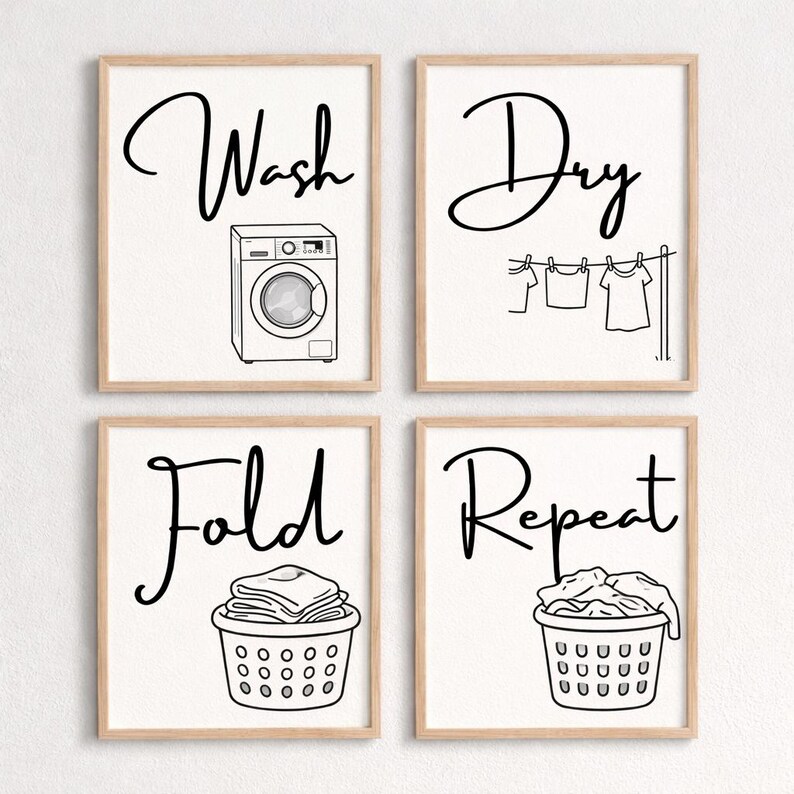 Wall Art Set Laundry Room, Wash Dry Fold Repeat Prints, Laundry Signs ...