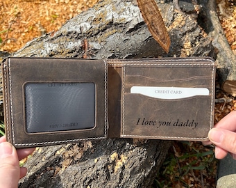 Custom Men's Bifold Wallet, Genuine Brown Leather Wallet, Personalized Gift for him, Boyfriend, Husband, Dad, Father's Day Gift