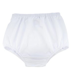 May include: White cotton baby bloomers with a ruffled elastic waistband.