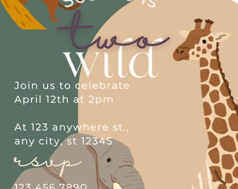 Two Wild Safari Animal Second Birthday Party Invitation Template