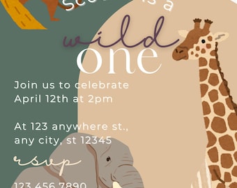 Wild One Safari Animal First Birthday Party Invitation Template