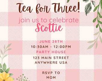 Tea for Three Garden Party Birthday Invitation Template
