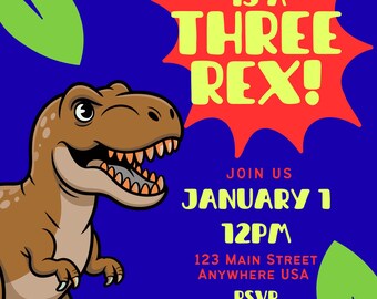 Three Rex Blue Birthday Party Invitation
