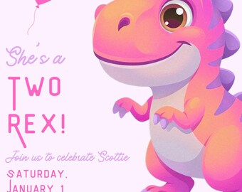 Two Rex Pink Dinosaur Birthday Party Invitation Template