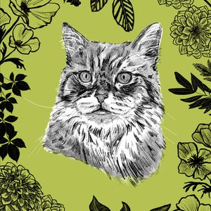 May include: A grayscale illustration of a cat's face, centered on a lime green background. The cat has detailed fur and expressive eyes. Black and white floral and leaf elements frame the cat, creating a decorative border.