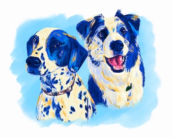 May include: A digital painting of two dogs. The dog on the left is a Dalmatian with black and white spots. The dog on the right is a Border Collie with black and white fur. Both dogs have blue eyes and are looking at the viewer.
