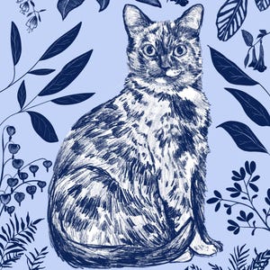 May include: A detailed illustration of a cat with a mottled coat, sitting upright. The cat is surrounded by stylized blue botanical elements, including leaves and flowers, set against a light blue background. The artwork has a hand-drawn aesthetic.