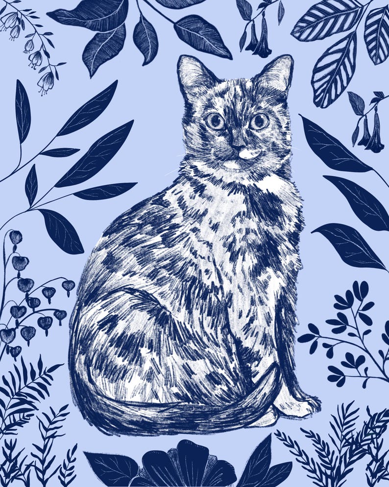May include: A detailed illustration of a cat with a mottled coat, sitting upright. The cat is surrounded by stylized blue botanical elements, including leaves and flowers, set against a light blue background. The artwork has a hand-drawn aesthetic.
