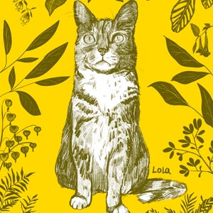 Portrait of cat surrounded by foliage. The background of the whole illustration is yellow, and the cat and foliage are mossy green. The background of the cat itself is white.