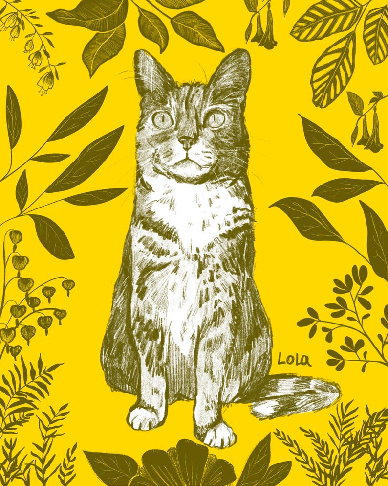 Portrait of cat surrounded by foliage. The background of the whole illustration is yellow, and the cat and foliage are mossy green. The background of the cat itself is white.