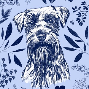 Portrait of head and shoulders of a dog, done in dark blue colors, surrounded by dark blue flowers and foliage. The background of the dog is white and light blue background.