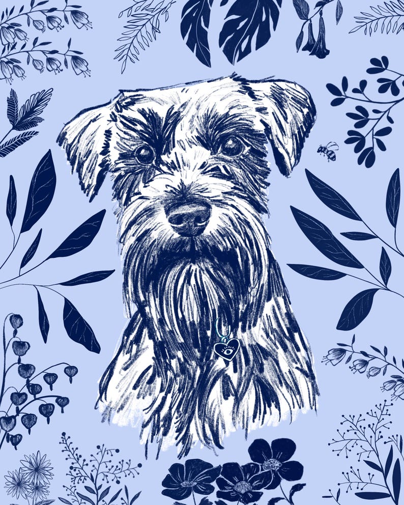 Portrait of head and shoulders of a dog, done in dark blue colors, surrounded by dark blue flowers and foliage. The background of the dog is white and light blue background.