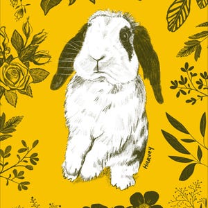 May include: A digital illustration of a white and black rabbit with long ears, set against a yellow background. The rabbit is surrounded by dark green floral and leaf elements. The artist's signature, "Harvey," is visible on the lower right.
