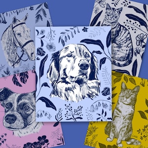Custom Pet Portrait or Pet Memorial in sketch style with flowers | Dogs, cats and other critters! | Made To Order