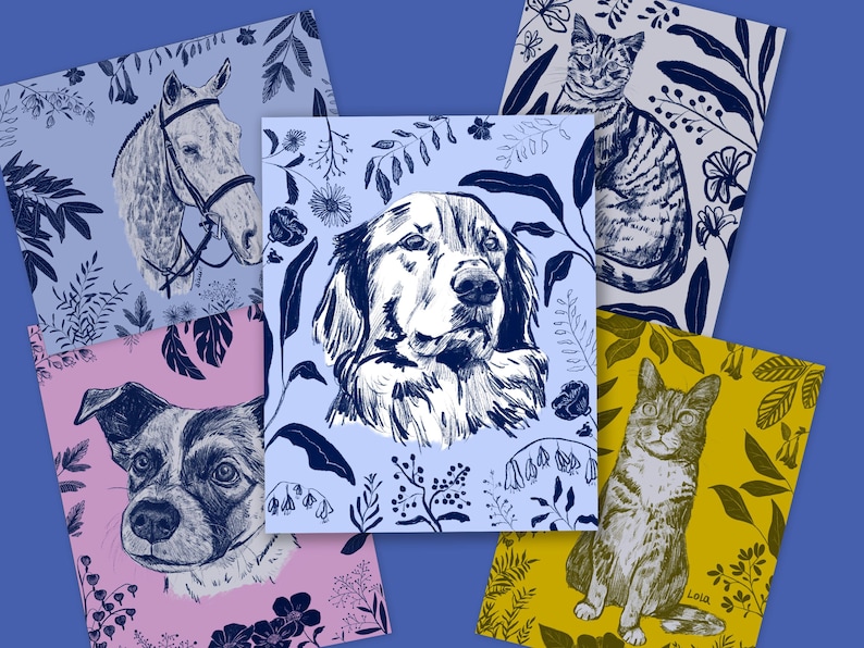 May include: A collection of five square art prints featuring animal portraits. The prints showcase a horse, two dogs, and two cats, each surrounded by floral and botanical illustrations in shades of blue, pink, and yellow.