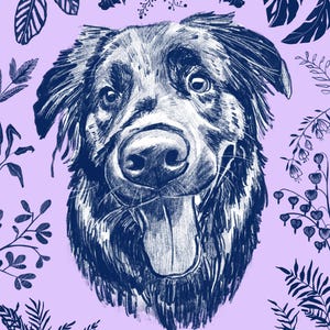 Portrait of dog's head surrounded by foliage. The background of the whole illustration is lilac, and the dog and foliage are dark blue. The background of the dog itself is white.