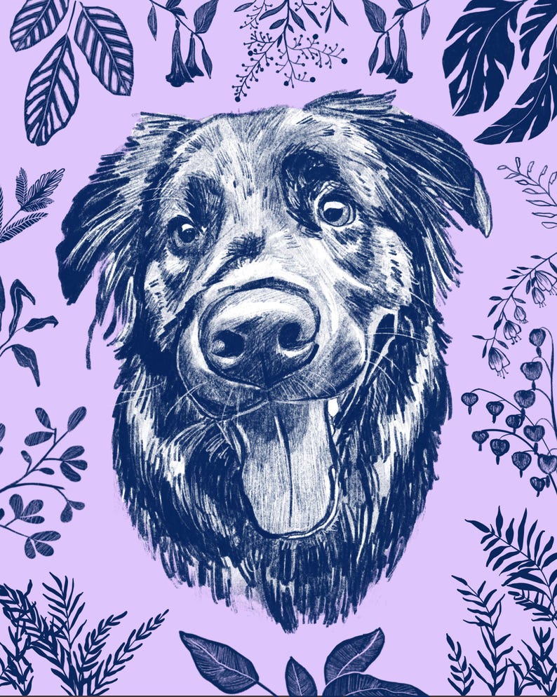 Portrait of dog's head surrounded by foliage. The background of the whole illustration is lilac, and the dog and foliage are dark blue. The background of the dog itself is white.