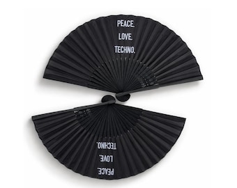 Set of 2 Rave Fans – Techno Hand Fans Made of Bamboo | Small, Foldable Festival Fans | Club & Rave Accessory, Black