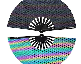 Rave Fächer XXL Reflektierend –Techno EDM und Festival Handfächer -Regenbogen Effekt –Faltfächer für Rave Techno Festival Outfit Accessoires