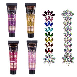 Könnte beinhalten: Vier Tuben Glitzer-Sequin-Gel für Gesichts- und Körper-Make-up in Lila, Gold, Pink und Hellrosa. Zwei dekorative Strassstreifen und ein Strassblumen-Design sind ebenfalls abgebildet.