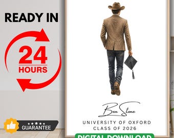 Personalised Cowboy Graduation Gift for Him, Custom Western Portrait from Photo, Watercolour Graduate Print, Class of 2026 Artwork