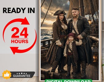 Personalised Pirate Family Portrait from Photo | Custom Cinematic Pirate Wall Art Print | Birthday Anniversary Gift for Family