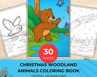 Christmas Woodland Animals Coloring Book, 30 Cozy Forest Critters & Floral Winter Scenes | Festive Grayscale Coloring Pages