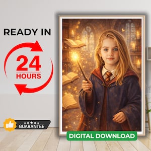 May include: A framed digital art print of a young girl in a wizard's robe holding a glowing wand. The background features floating books, candles, and a library setting. The text "READY IN 24 HOURS" and "DIGITAL DOWNLOAD" are also visible.