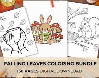 Falling Leaves Coloring Bundle, 150 Cozy Autumn Pages for Relaxation | Easy & Bold Fall Printables for Women, Seniors and Teens | PDF