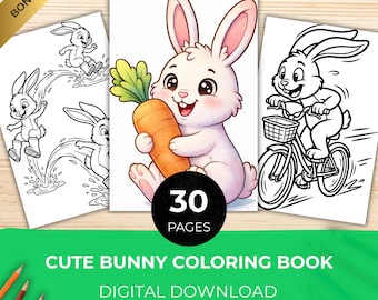 Cute Bunny Coloring Book for Kids & Adults | 30 Adorable Rabbit Pages | Kawaii Bunny Colouring Book | Printable PDF Download