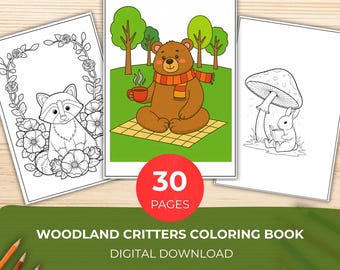 Woodland Critters Coloring Book, Relaxing Floral Forest Animal Pages, 30 Grayscale Designs for Stress Relief & Holiday Gift, Printable PDF