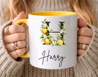 Custom Lemon Monogram Mug, Personalised Amalfi Coast Initial Name Mug, Summer Citrus Letter Mug, Mediterranean Gift for Her