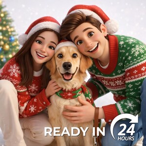 Portrait de dessin animé de Noël personnalisé, illustration de famille hivernale personnalisée, cadeau de vacances numérique pour couples, enfants et animaux de compagnie, impression festive