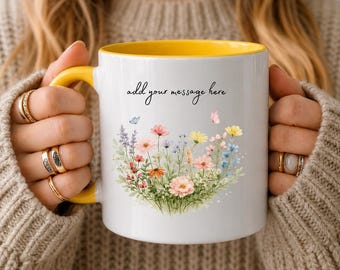 Custom Wildflower Text Mug, Personalised Floral Name Mug, Watercolour Butterfly Coffee Cup, Custom Gift for Her, Cute Botanical Mug Gift