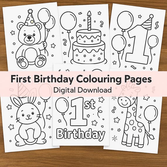 First Birthday Colouring Pages, Activity Book | Printable 1st Birthday Party Favour | Digital Download Fun Pack