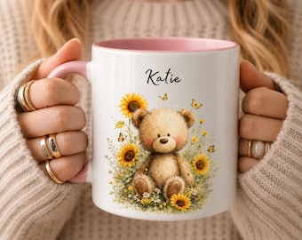 Custom Whimsical Summer Teddy Mug, Sunflower Teddy Bear Coffee Cup, Cottagecore Gift for Her, Cute Nursery Animal Mug