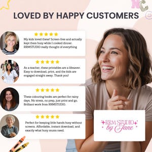 May include: Image featuring customer testimonials with star ratings. The text reads "LOVED BY HAPPY CUSTOMERS." The testimonials highlight screen-free activities, printables, and coloring books. The RRM STUDIO logo is also visible.