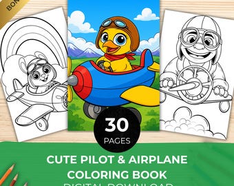 Cute Pilot and Airplane Coloring Book | Kawaii Travel Adventure Pages | Printable Spring Holiday Activity PDF for Kids & Adults Relaxing Art