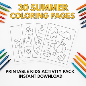 30 Summer Coloring Pages | Fun Kids Coloring Book | Beach & Holiday Activity Sheets | Instant Digital Download