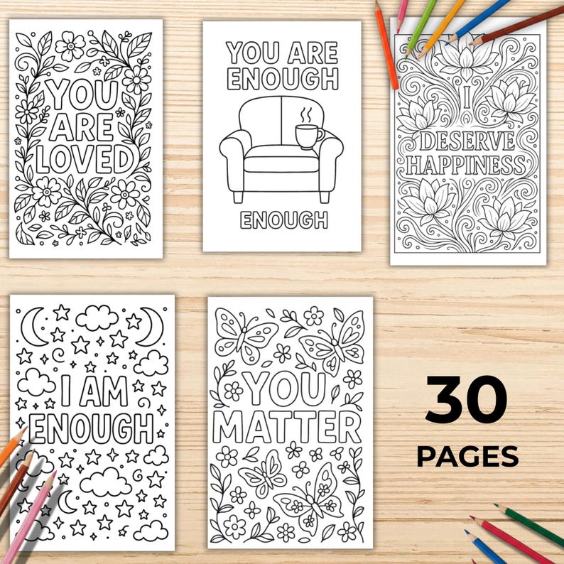 Motivational colouring page printable with encouraging quote designs for relaxation and stress relief. Features black and white inspirational artwork including floral frames, hearts, and mandalas. Perfect for adults, teens, and wellness activities. Boost positivity, creativity, and mindfulness through this digital download colouring book that combines self-care, motivation, and calming art therapy.