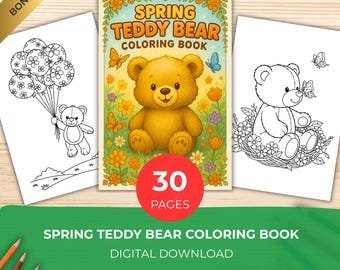 Libro para colorear de osos de peluche de primavera: 30 adorables osos con flores, mariposas y escenas al aire libre. Imprimible en PDF para niños.